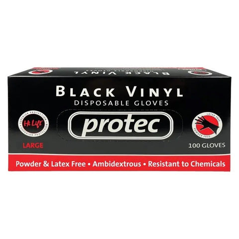 Protec Black Vinyl Disposable Gloves- Large 100 Pcs