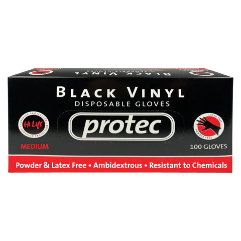 Protec Black Vinyl Disposable Gloves- Medium 100 Pcs
